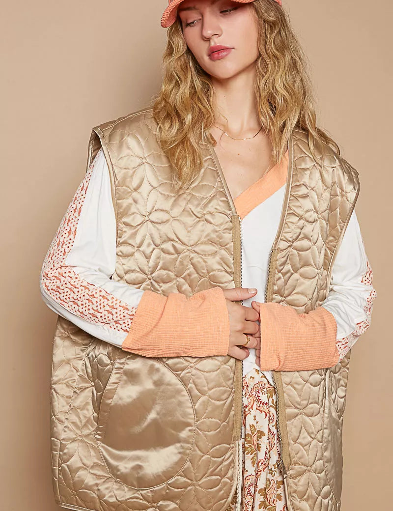 Mocha POL Front Zipper Floral Pattern Quilted Vest Coat with Front Pockets | Vest Coats Daverri Fashions