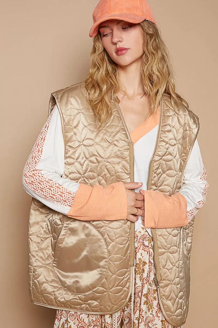 Mocha POL Front Zipper Floral Pattern Quilted Vest Coat with Front Pockets | Vest Coats Daverri Fashions