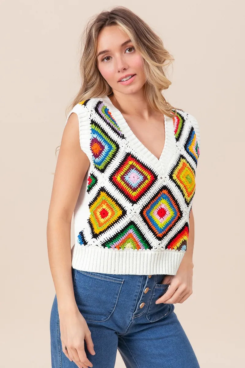 BiBi Diamond Granny Square Sweater Vest | Sweater Vests Daverri Fashions