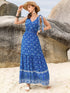 Vibrant blue printed V-neck tie shoulder maxi dress with white hem patterns