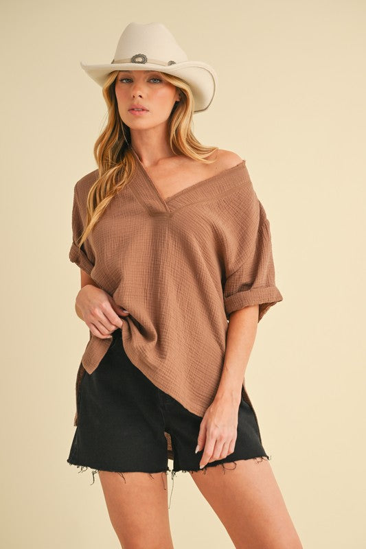 Aemi + Co Caramel Side Slit V-Neck Short Sleeve Blouse Blouses