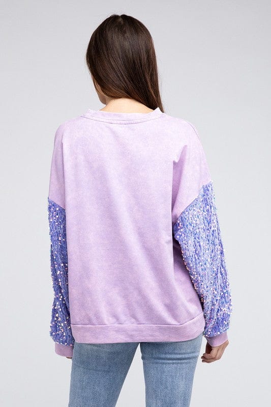 Velvet Sequin Sleeve Mineral Washed Top Shirts & Tops