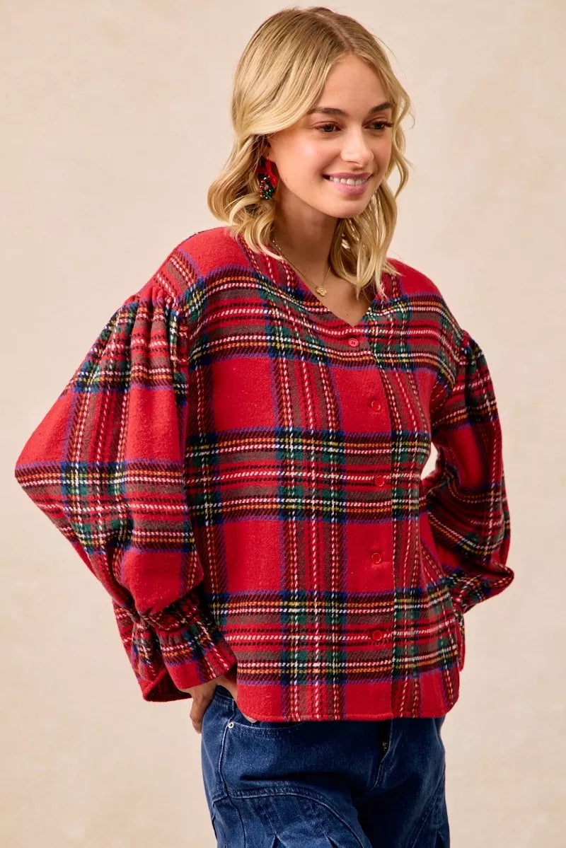 BiBi Christmas Plaid V-Neck Flounce Sleeve Jacket | Jackets Daverri Fashions