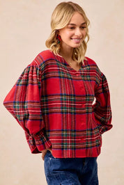 BiBi Christmas Plaid V-Neck Flounce Sleeve Jacket | Jackets Daverri Fashions