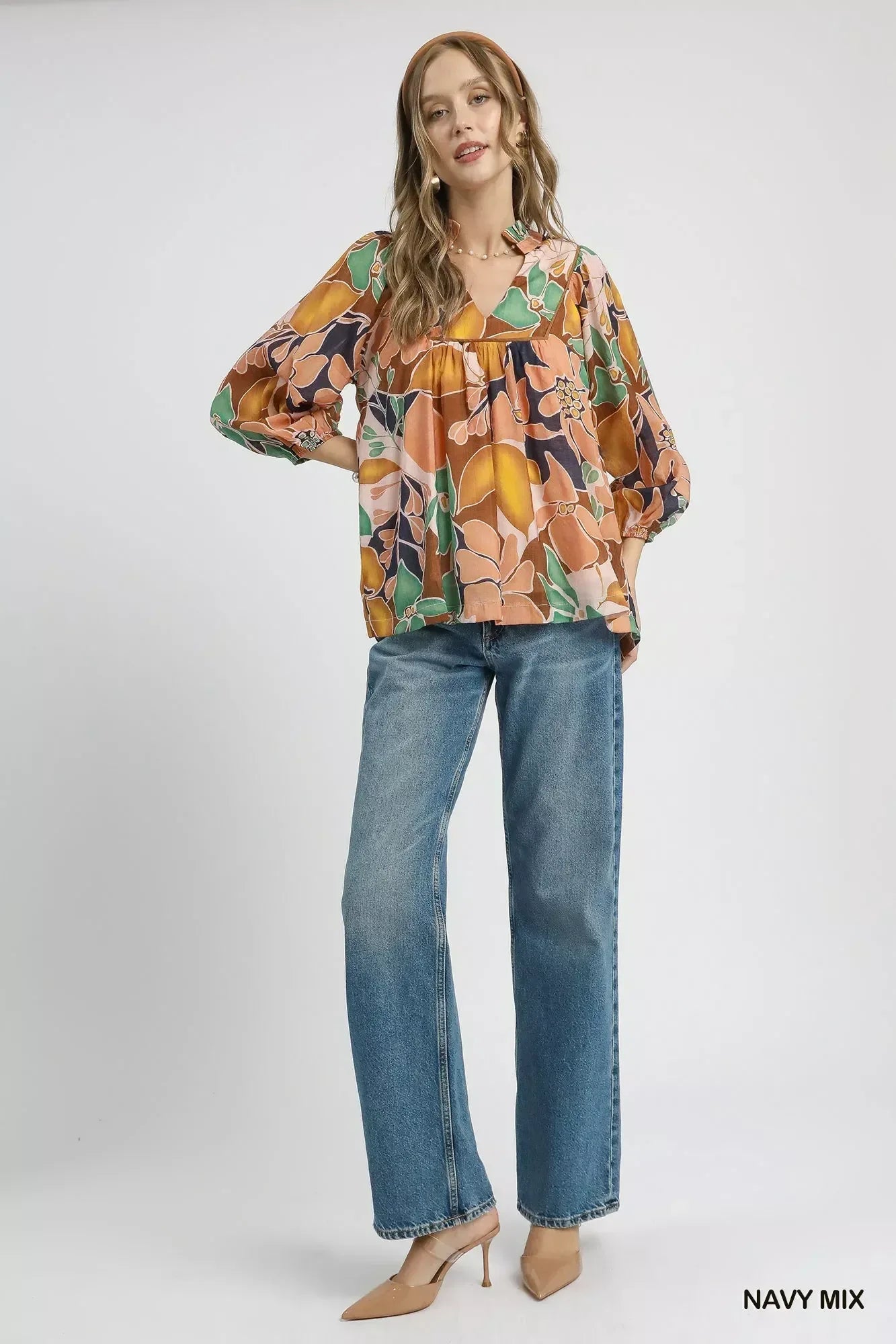 Umgee Multicolor Abstract Floral Print Blouse with Ruffle Neck - DAVERRI FASHIONS