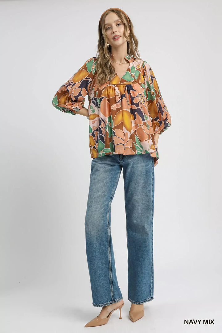Umgee Multicolor Abstract Floral Print Blouse with Ruffle Neck | Daverri Fashions