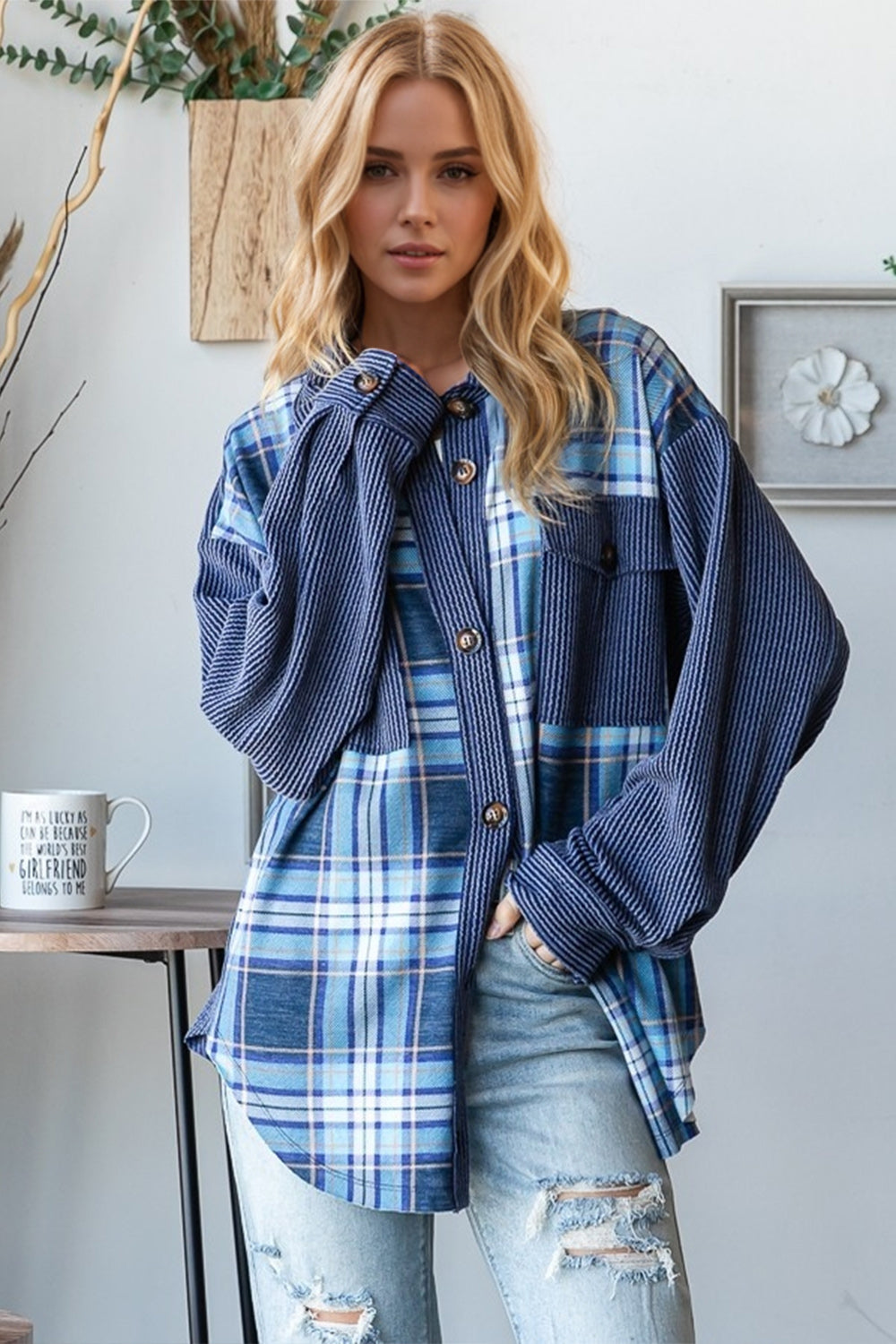 Blue and white plaid flannel Oh Plaid Button Up long sleeve shacket with ribbed cuffs and breast pockets
