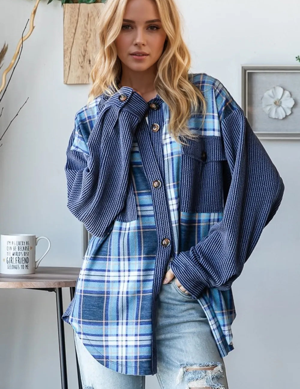 Blue Oh Plaid Button Up Long Sleeve Shacket with Breast Pockets | Shackets Daverri Fashions