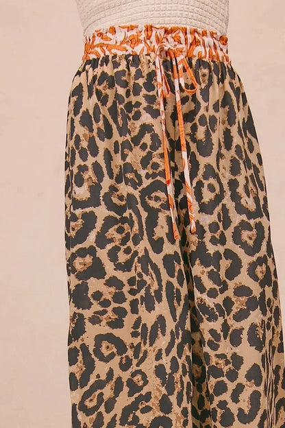 BiBi Leopard Print With Contrast Banded Wide Pants - DAVERRI FASHIONS