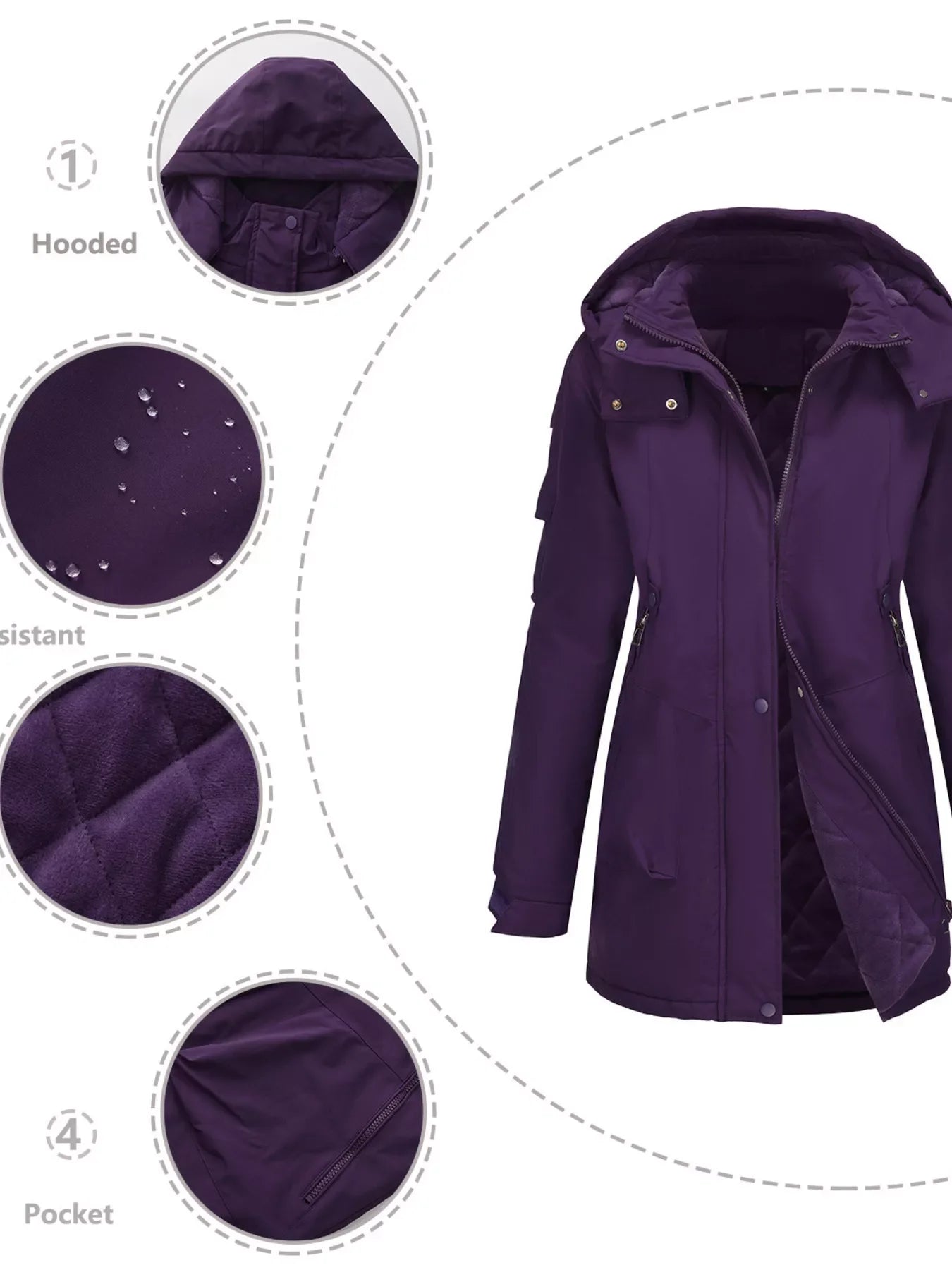 Purple hooded parka in Daverri Fashions plus size windproof coat