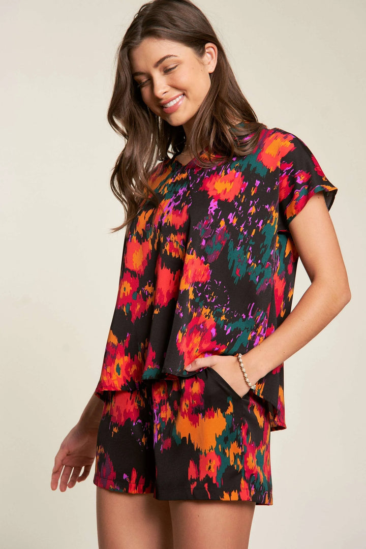 Davi & Dani Printed V Neck Short Sleeve Top and Shorts Set Shorts Sets