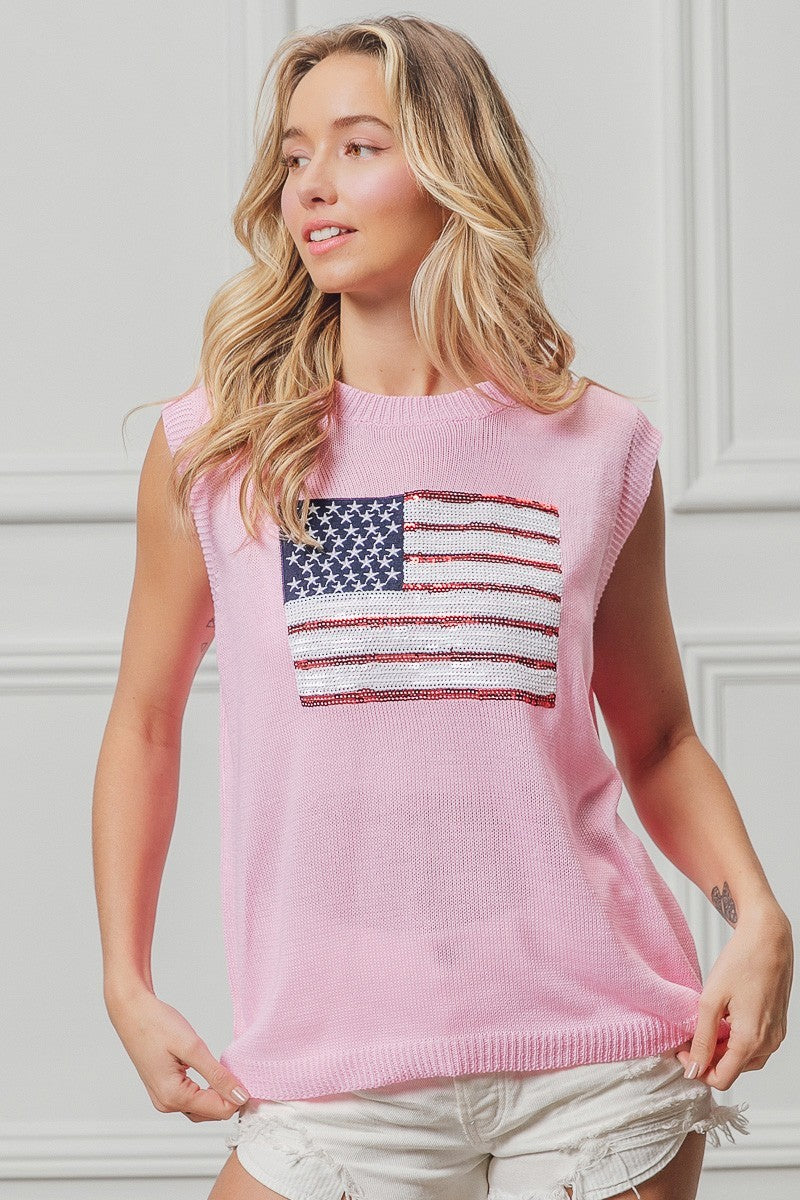 BiBi pink sleeveless knit top with sequined American flag design