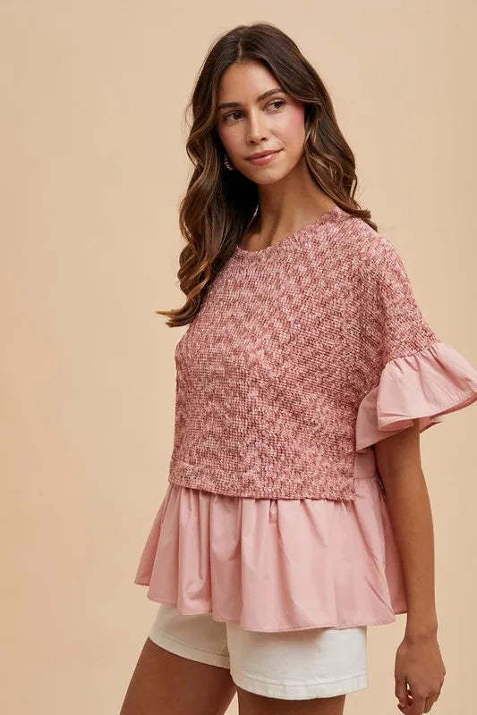 Annie Wear Mix Media Ruffle Textured Knit Top