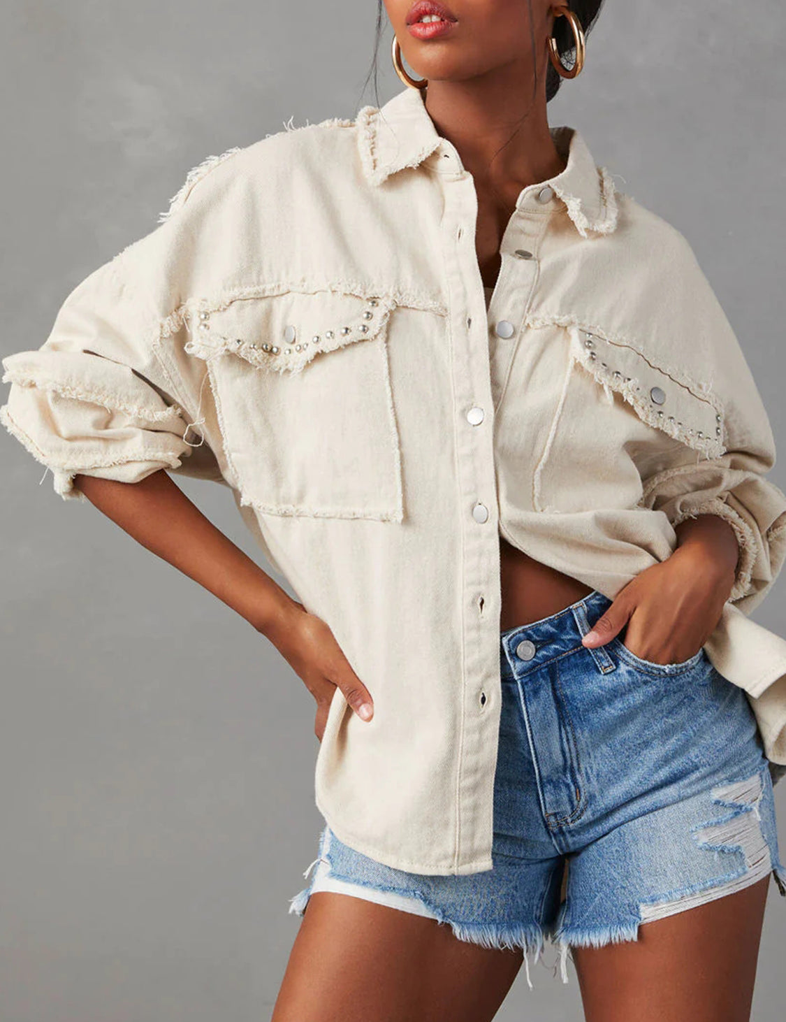 Button Down Raw Hem Denim Jacket | Denim Jackets Daverri Fashions