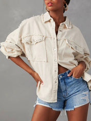Button Down Raw Hem Denim Jacket | Denim Jackets Daverri Fashions