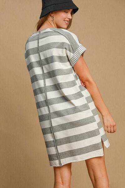 Umgee Peace Applique Striped Short Sleeve Mini Dress Mini Dresses