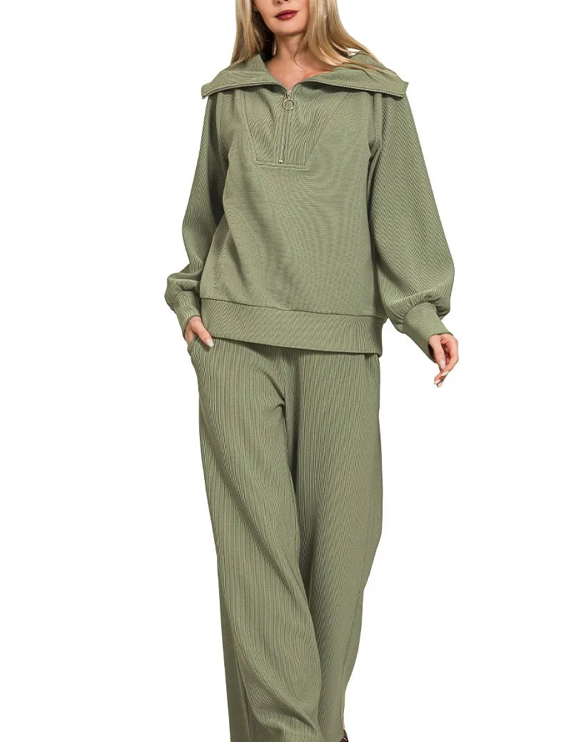 Zenana Ribbed High Neck Half Zip Pullover & Pants Set | Loungewear Sets Daverri Fashions