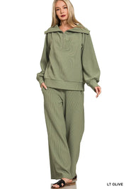 Zenana Ribbed High Neck Half Zip Pullover & Pants Set | Loungewear Sets Daverri Fashions