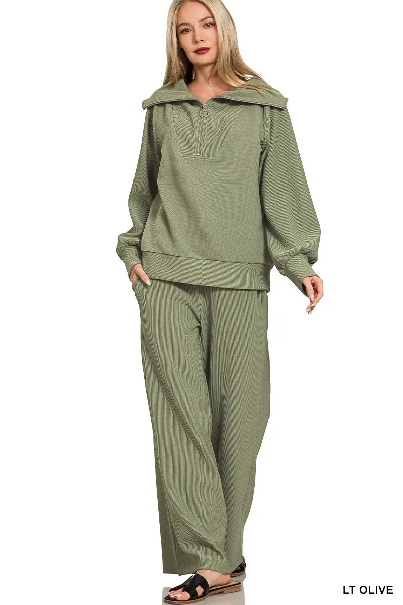 Zenana Ribbed High Neck Half Zip Pullover & Pants Set Outfit Sets