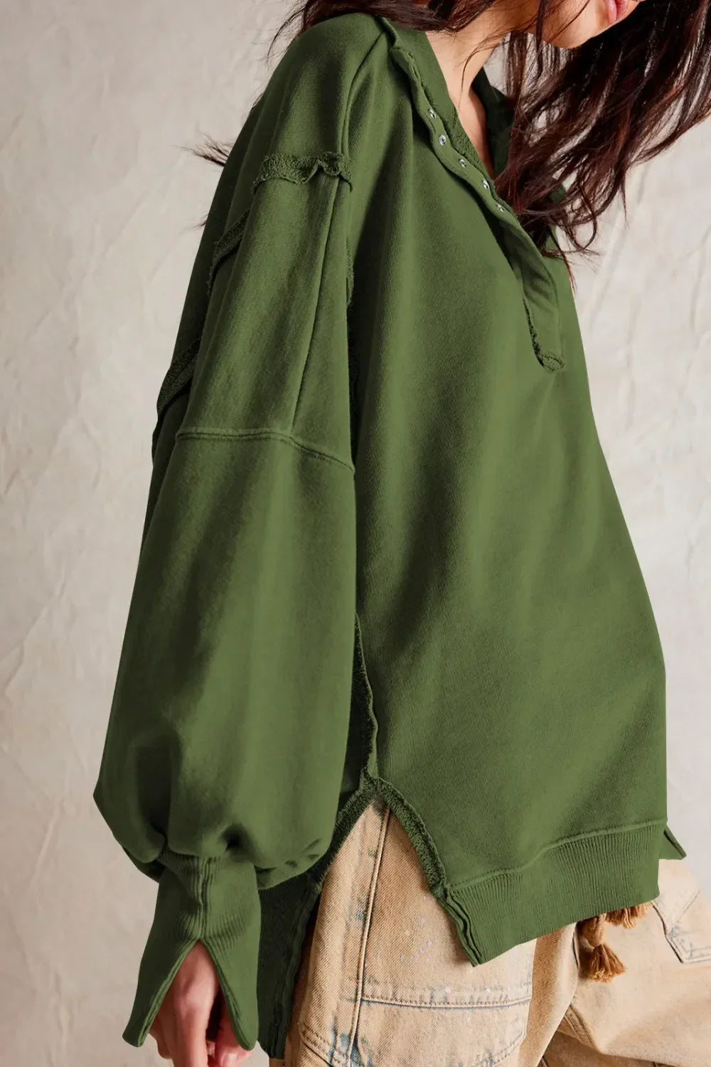 Exposed Seam Side Slit Long Sleeve Sweatshirt - DAVERRI FASHIONS