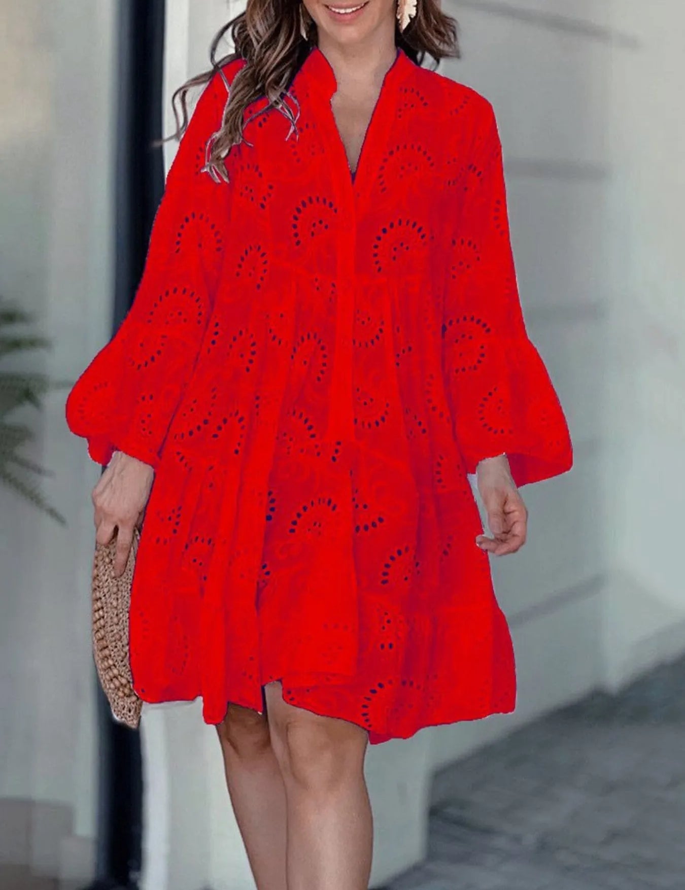 Bright Red Full Size Eyelet Ruffled Hem Tiered Dress Plus Size | Mini Dresses Daverri Fashions