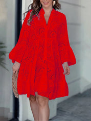 Bright Red Full Size Eyelet Ruffled Hem Tiered Dress Plus Size | Mini Dresses Daverri Fashions