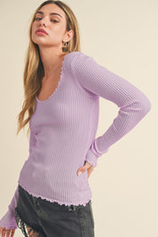 Aemi + Co Lettuce Hem Scoop Neck Long Sleeve Knit Top Pink Purple