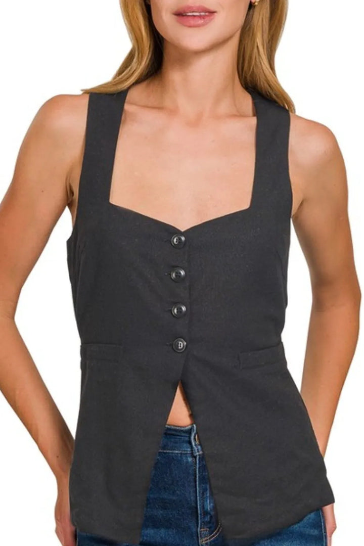 Zenana Linen Tie-back 4-button Vest with Lining