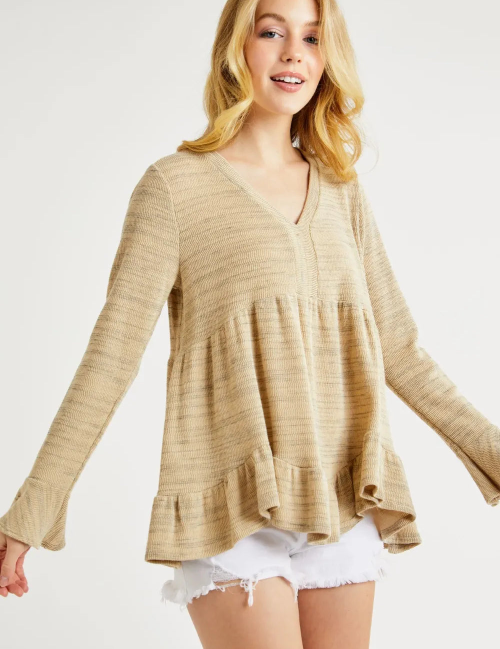 Hailey & Co V-Neck Flounce Sleeve Knit Top | Blouses Daverri Fashions