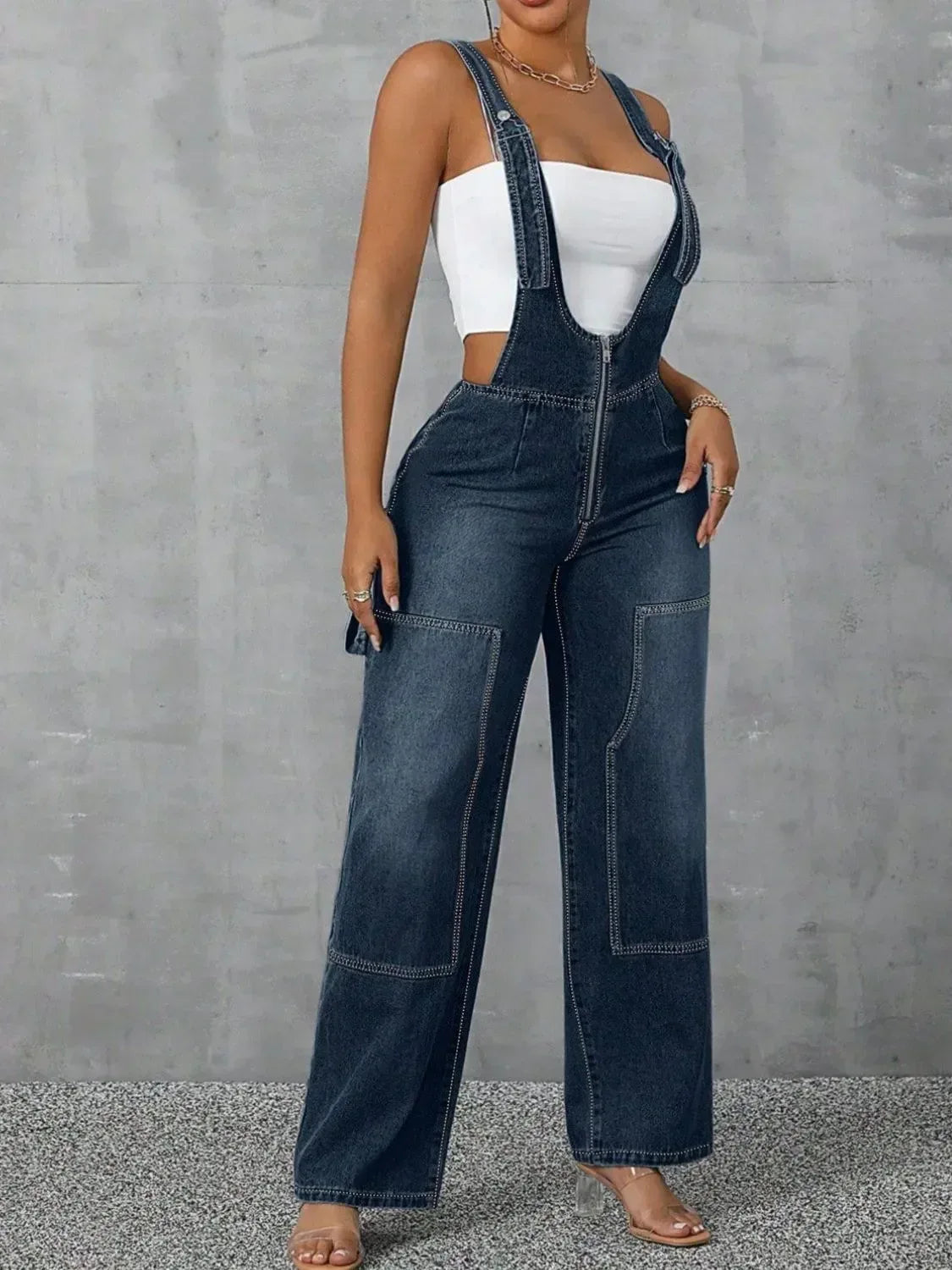 Zip Front Wide Strap Denim Overalls - DAVERRI FASHIONS
