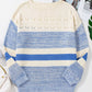 Cozy openwork striped knit long-sleeve sweater in cream and blue