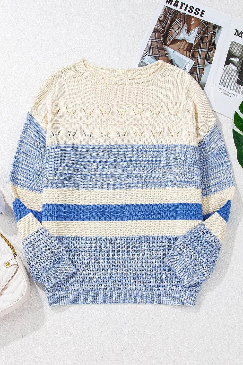 Cozy openwork striped knit long-sleeve sweater in cream and blue