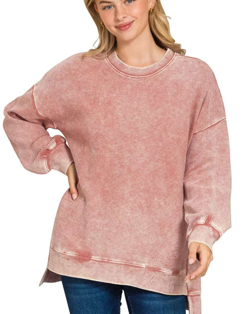 WINTER ROSE Zenana Full Size Acid Washed Double Ribbed Hi-low Sweatshirt Plus Size | Sweatshirts Daverri Fashions