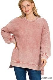 WINTER ROSE Zenana Full Size Acid Washed Double Ribbed Hi-low Sweatshirt Plus Size | Sweatshirts Daverri Fashions