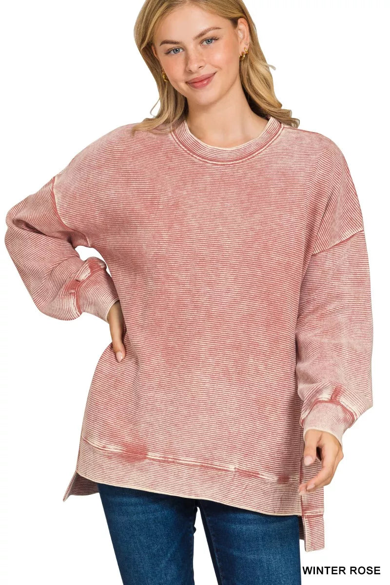 WINTER ROSE Zenana Full Size Acid Washed Double Ribbed Hi-low Sweatshirt Plus Size | Sweatshirts Daverri Fashions