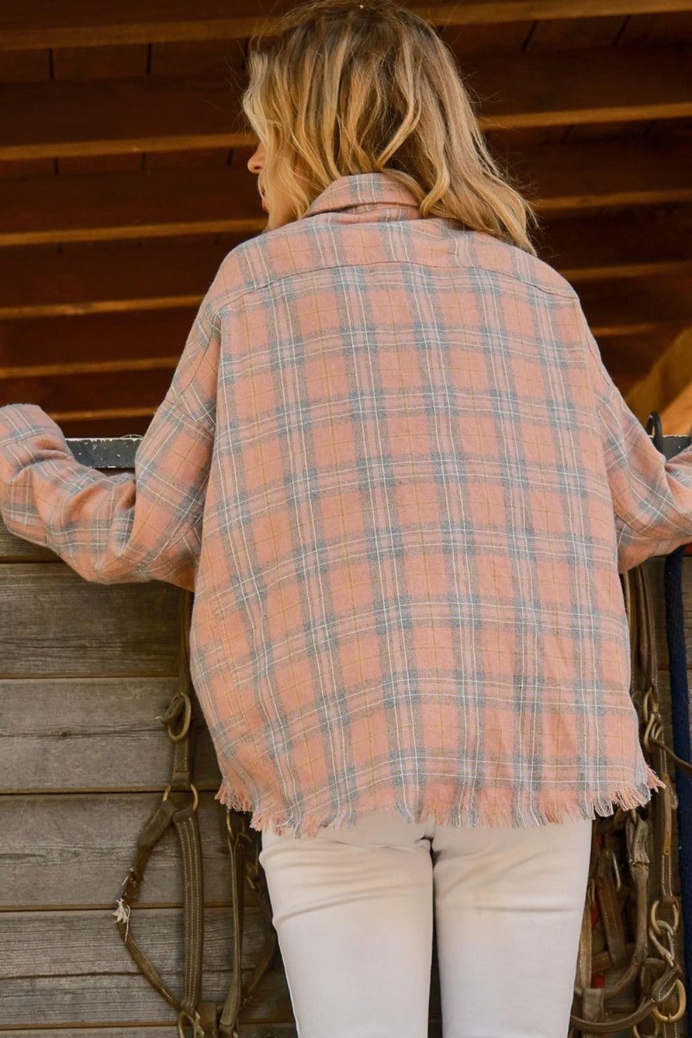 And The Why Full Size Plaid Button Up Raw Hem Shirt Shirts