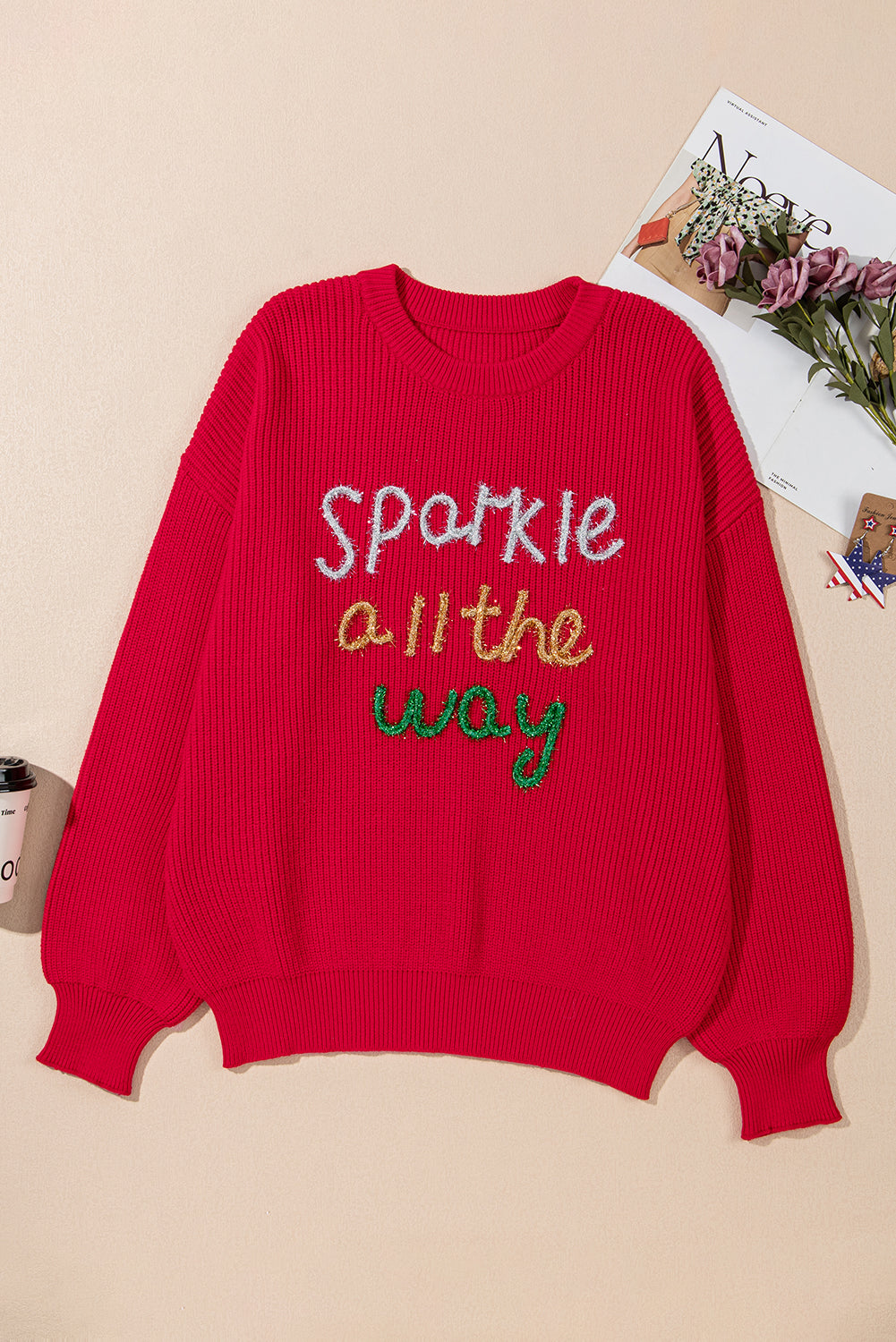 Racing Red Sparkle All The Way Tinsel Crew Neck Plus Size Sweater | Plus Size/Plus Size Sweaters & Cardigans Daverri Fashions