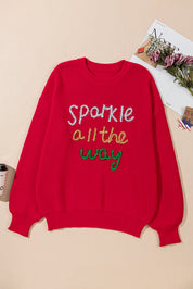 Racing Red Sparkle All The Way Tinsel Crew Neck Plus Size Sweater | Plus Size/Plus Size Sweaters & Cardigans Daverri Fashions