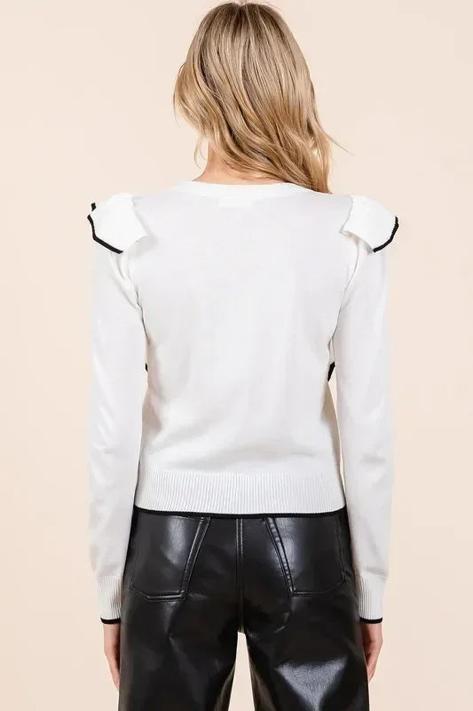 Mittoshop Contrast Trim Ruffled Round Neck Knit Top - DAVERRI FASHIONS