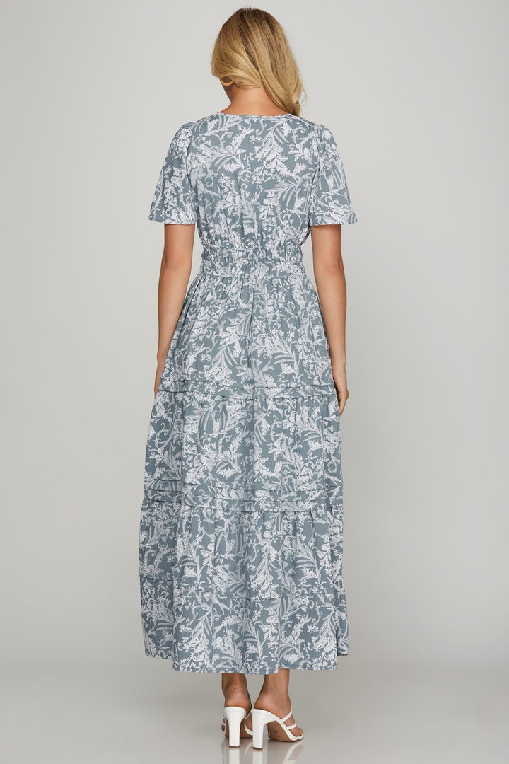 She + Sky Printed Notched Woven Tiered Pintuck Maxi Dress with Side Pockets Maxi Dresses