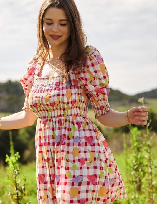 Davi & Dani Fruits Printed Smocking Mini Dress | Daverri Fashions