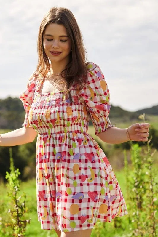 Davi & Dani Fruits Printed Smocking Mini Dress | Daverri Fashions