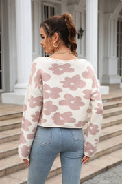 Angel Wings Round Neck Flower Pattern Dropped Shoulder Pullover Sweater | Sweaters Daverri Fashions