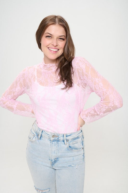 Jade by Jane pink floral lace long-sleeve mesh top with high neckline