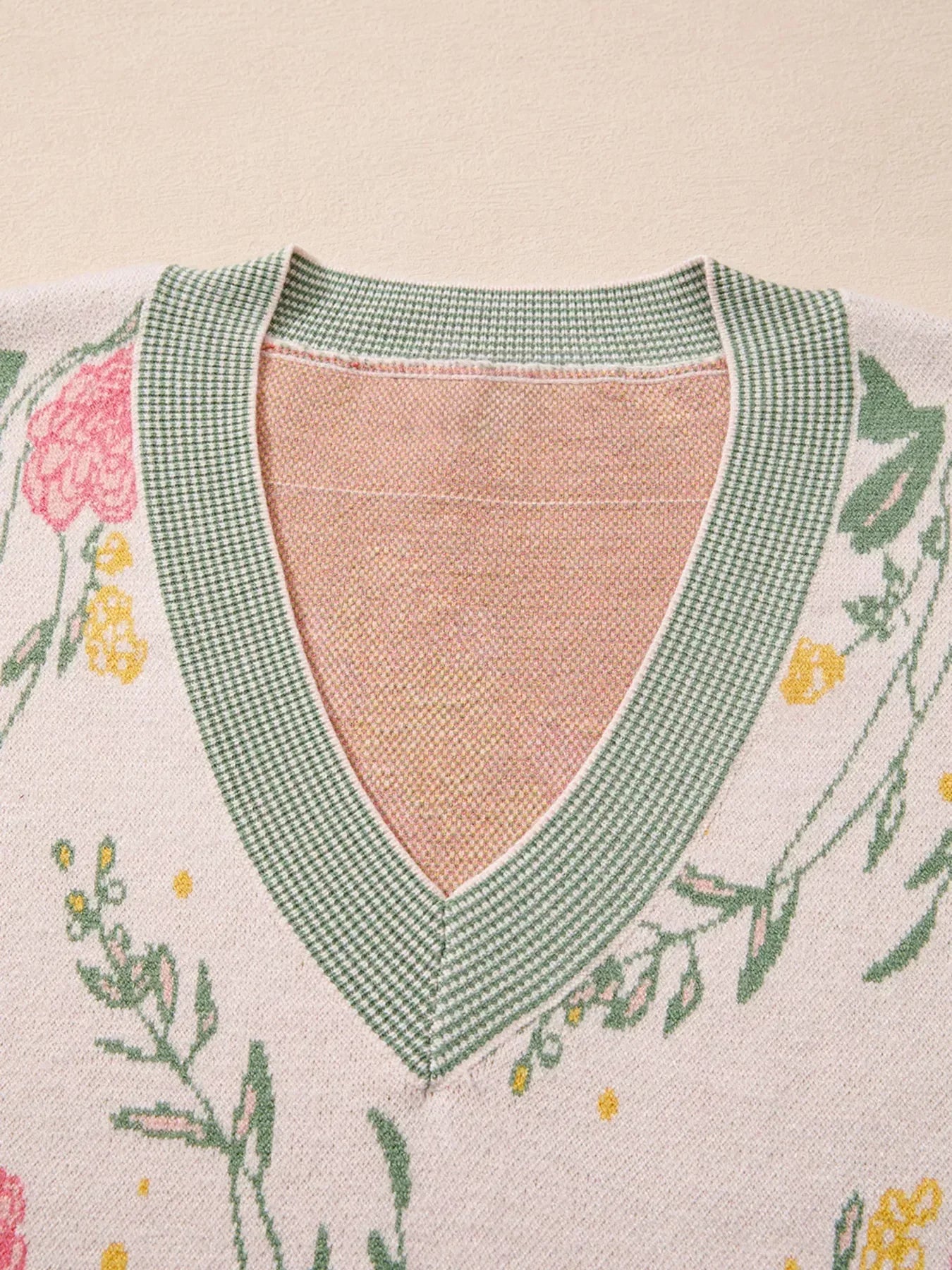 Floral Pattern Striped V Neck Loose Sweater - DAVERRI FASHIONS