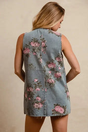 BiBi Floral Print Washed Denim Long Rider Vest with frayed edges