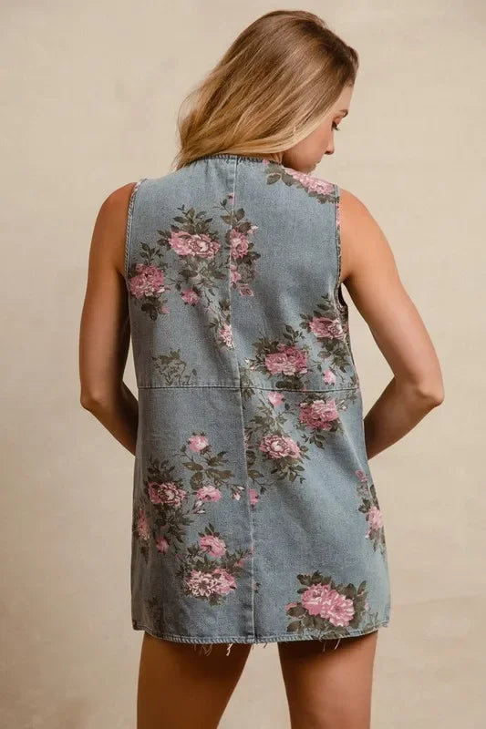 BiBi Floral Print Washed Denim Long Rider Vest with frayed edges