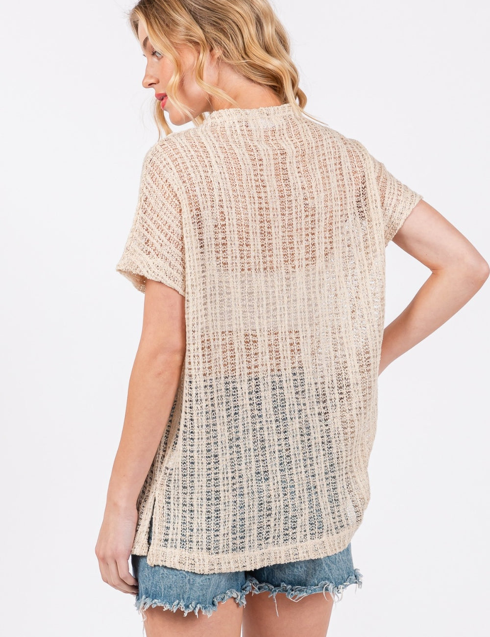 Ces Femme See Through Crochet Mock Neck Cover Up