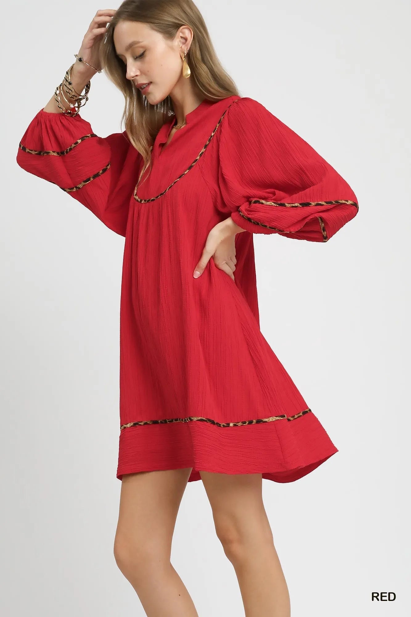 Umgee Textured Babydoll Dress with Leopard Trim | Daverri Fashions