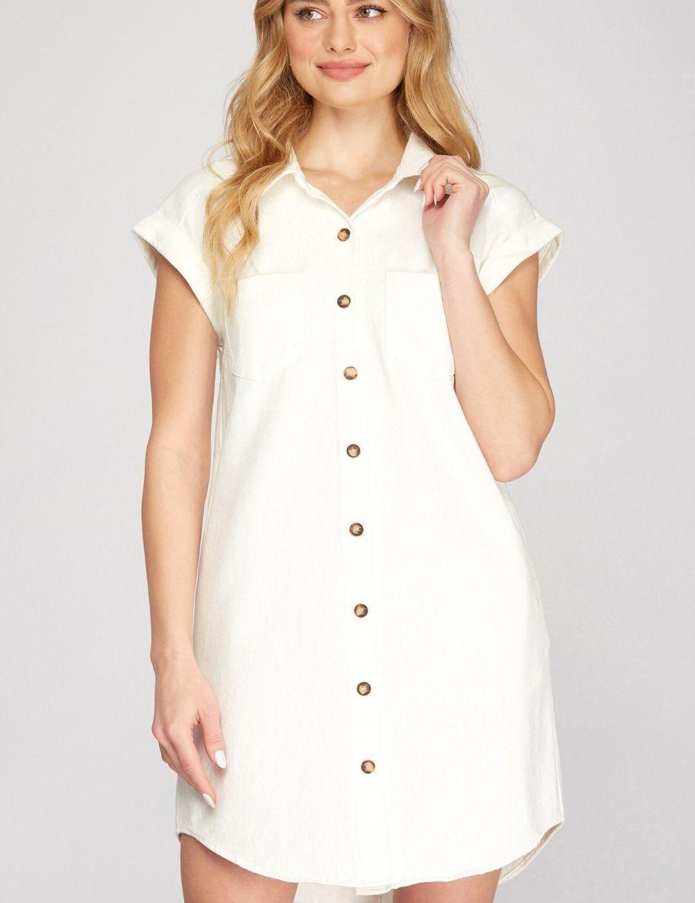 Ivory She + Sky Full Size Folded Cuff Button Down Washed Twill Shirt Dress Plus Size | Daverri Fashions